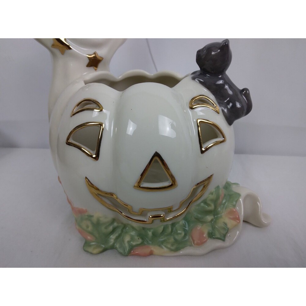 Lenox Occasions White Ghost with Pumpkin and Cat Votive Candle Holder - Picture 2 of 9
